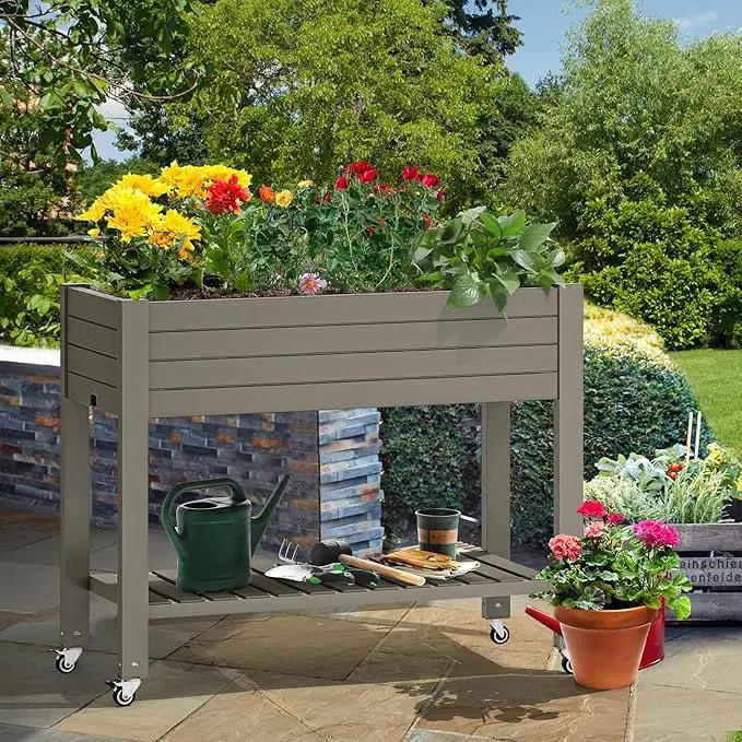 YITAHOME 43.3x17.7x34 in Elevated Garden Bed, Outdoor Plastic Planter Box with Wheels, Legs, Drain Plug, and Storage Shelf for Plants, Vegetables, Flowers, Herbs, Light Brown by GreenHaven Gardens
