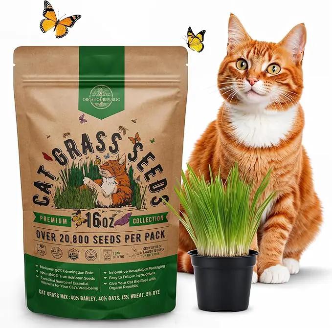 Organo Republic Cat Grass Seeds Mix - 20,800 Non-GMO Heirloom Seeds for Cats & Pets, 16 oz Pack for Growing Fresh Barley, Oat, Rye & Wheat Grass Seeds for Planting, Indoor Plants, Hairball Remedy by GreenHaven Gardens