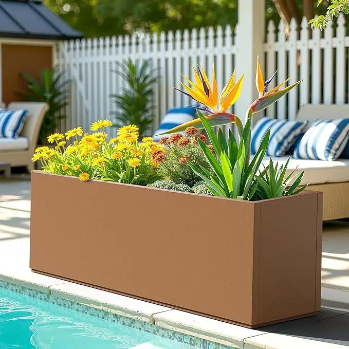 FENCY Large Metal Planter, Large Rectangular Planters for Outdoor Plants, Tall Outdoor Planters for Porch Patio, 38" L x 15" W x 16.3" H Brown Metal Planter with Drainage Hole by GreenHaven Gardens