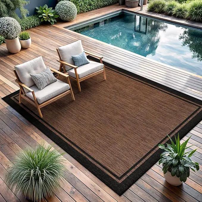 CAMILSON Indoor Outdoor Rug, 9x12 Bordered Nut Brown Black Modern Area Rugs for Indoor and Outdoor Patios, Kitchen and Hallway Mats, Washable Porch Deck Outside Carpet (Border Nut Brown Black, 9 x 12) by GreenHaven Gardens
