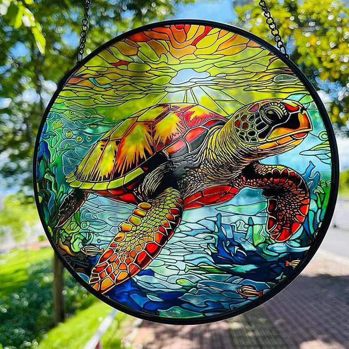 RIVEENY Sea Turtle Glass Window Hanging,8" Sea Turtle Decor Sun Catchers,Stained Glass Sun Catcher Hanging Decoration with Metal Chain,Sun Catchers for Window Decor Outdoor Garden Decor by GreenHaven Gardens