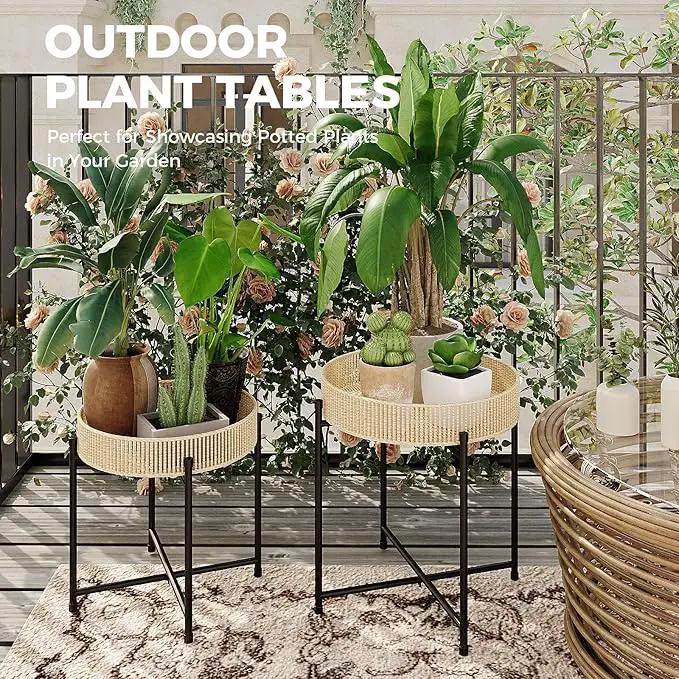 Bamworld Plant Stands Set of 2 Tall Plant Stand Indoor Rattan Plant Table for 5 Pots Plants Round Flower Stand Outdoor for Home Decor Balcony Patio by GreenHaven Gardens