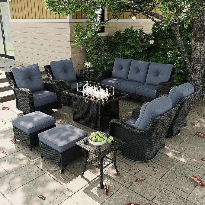 10 Pieces Outdoor Patio Furniture Sets with Rocking Swivel Chairs with 6-inch Thick Cushion and Fire Pit Table for Deck Lawn by GreenHaven Gardens