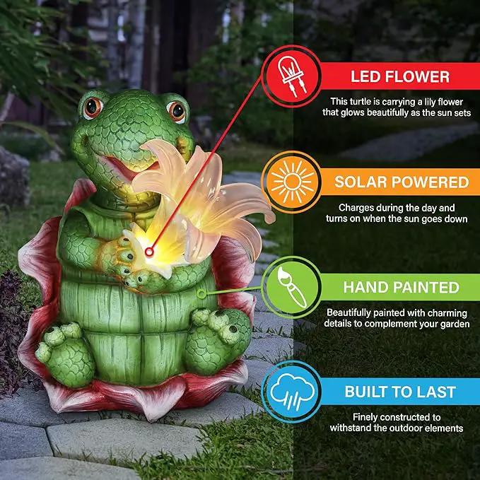 Exhart Solar Turtle Garden Statue, LED Lily Flower, Durable Resin, Cute Yard Décor, 7.5"x5.5"x8.5" by GreenHaven Gardens