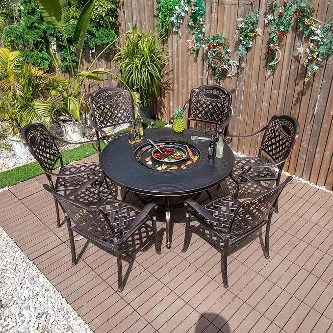 Outdoor Dining Chair Cast Aluminum Patio Chairs Set of 2 All-Weather Patio Dining Chair with Adjustable Feet for Backyard Garden (Slanted Grid Square Chair) by GreenHaven Gardens