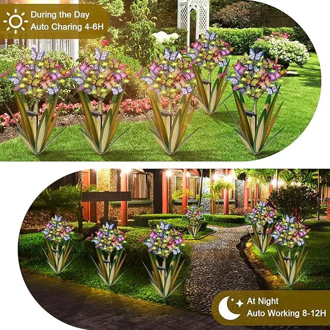 Solar Metal Agave Butterfly Flower Stick Garden Sculpture - Outdoor Gift, Christmas Lights, Swaying Butterfly, Sunflower - Solar Outdoor Statues (3 PCS Light Green) by GreenHaven Gardens