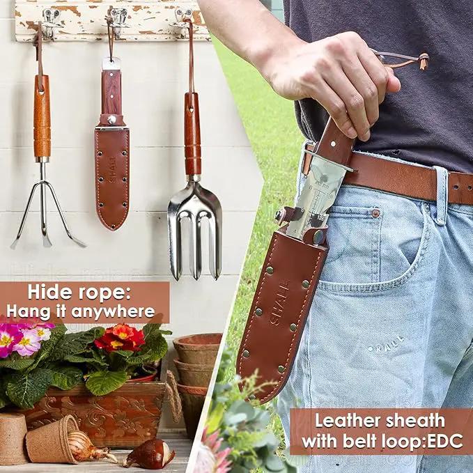 SHALL Hori Hori, Japanese Garden Knife, Soil Knife with Leather Sheath, Rosewood Handle & Hide Rope, 7” Stainless Steel Blade, Rope Cutting Edge, for Digging, Weeding, Planting, Full-Tang by GreenHaven Gardens