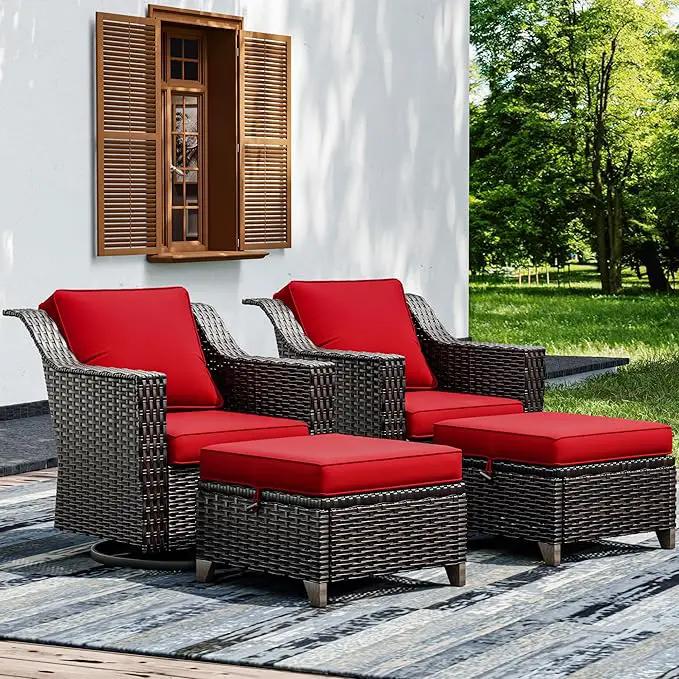 Joyside Wicker Patio Furniture Sets, 4 Pieces Upgraded Large Size Outdoor Furniture with Swivel Rocking Patio Chairs and Outdoor Ottoman, Thick Cushions, Wide Armrest by GreenHaven Gardens