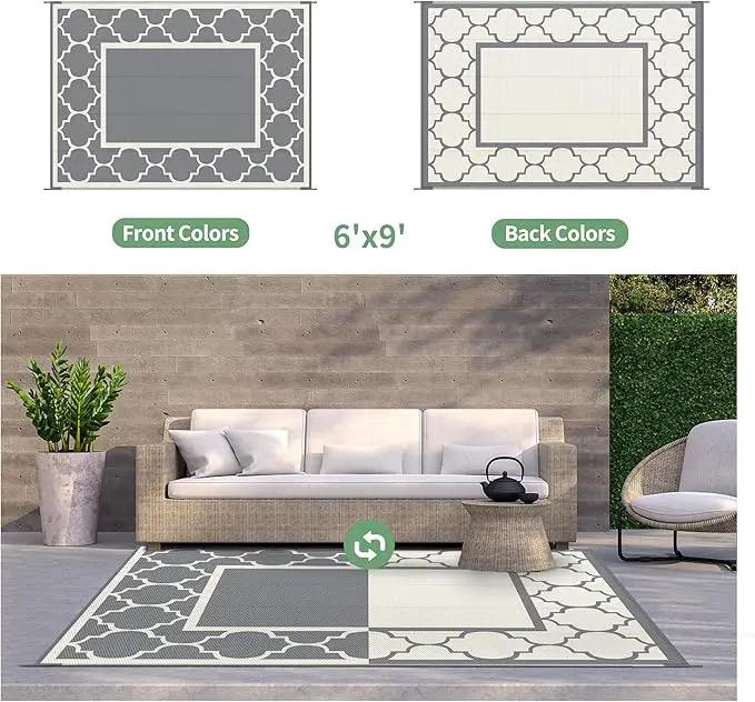 GENIMO 6' x 9' Outdoor Rug Waterproof for Patio Decor, Foldable Reversible Plastic Straw Area Rugs Mat for Camper, Outside Carpet for Rv, Deck, Porch, Picnic, Beach, Balcony, Grey & Beige White by GreenHaven Gardens