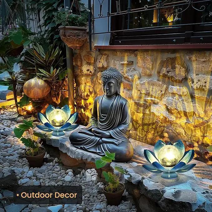 GIGALUMI Solar Light Outdoor Garden Decor, Lotus Flower Light Crackle Globe Glass Lantern Outdoor Table Decor Waterproof for Patio, Lawn, Pathway, Pool, Pond, Christmas Gift (Blue Petal) by GreenHaven Gardens