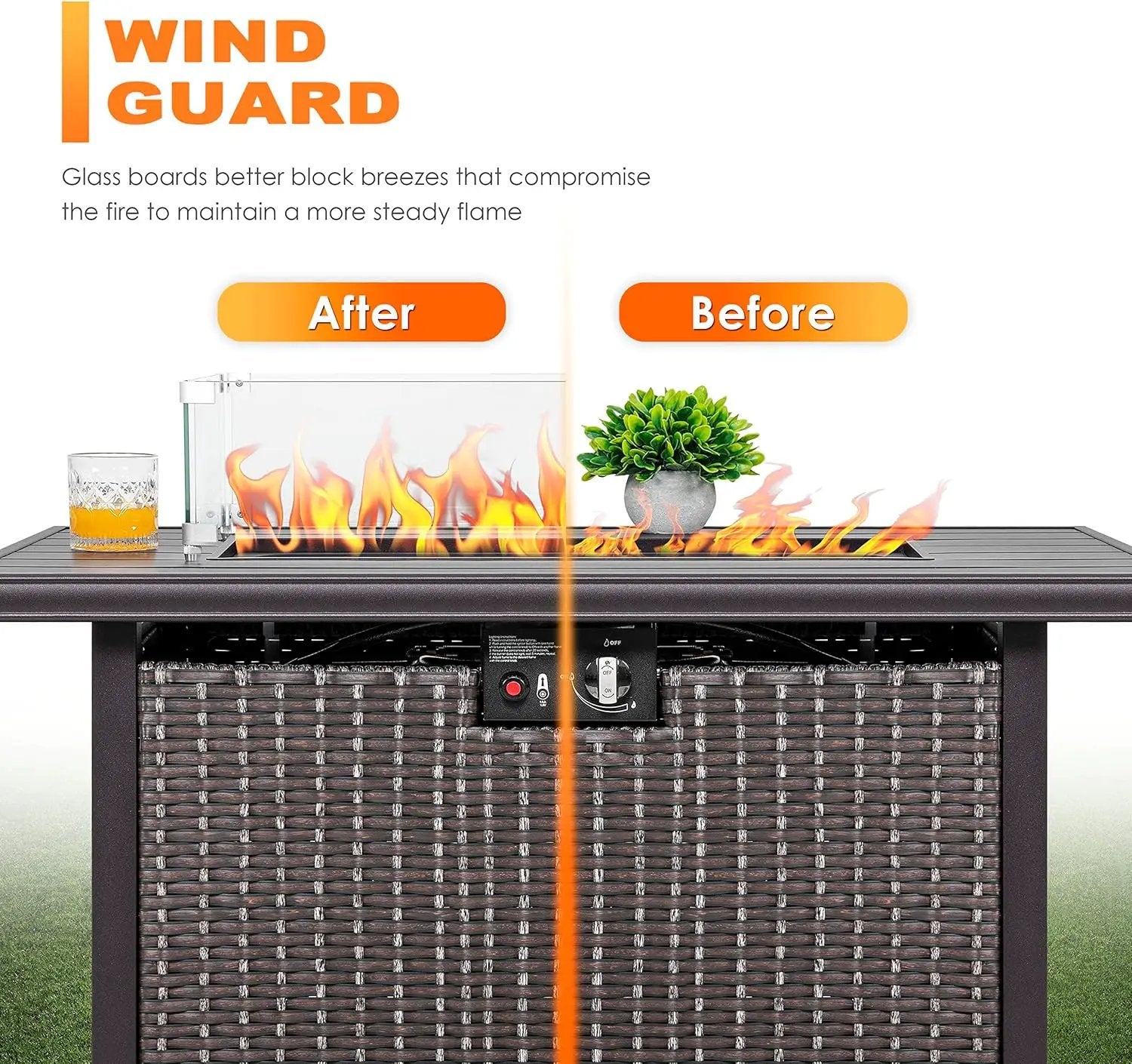 Nuu Garden Outdoor 43 Inch 50,000 BTU Propane Gas Fire Pit Table, Aluminum Tabletop and PE Rattan Weaved Steel Frame, Water-Proof Oxford Cover, Glass Fire Pit Wind Guard, Glass Beads, Lid, Dark Brown by GreenHaven Gardens