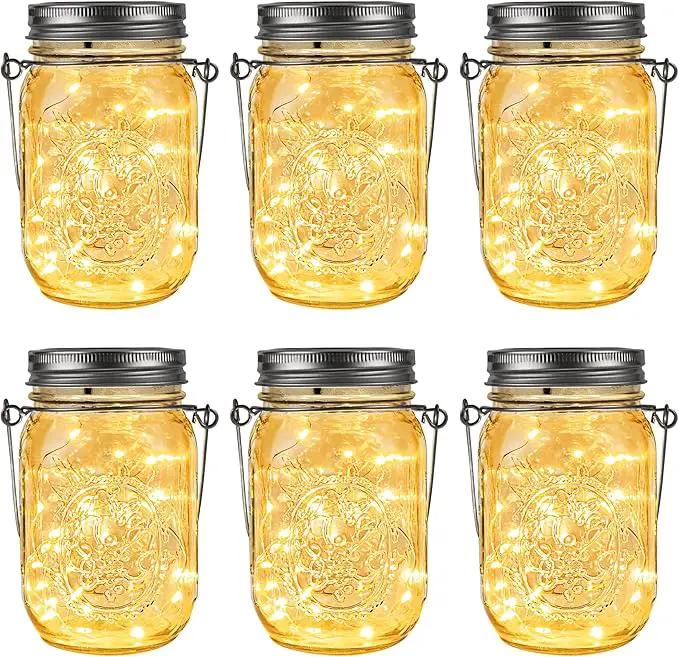 GIGALUMI Hanging Mason Jar Solar Lights, 6 Pack 30 Led Tinplate Lids Hanging Solar Lanterns Outdoor Waterproof, Hangers and Jars Included, Outdoor Decor for Balcony, Garden, Patio, Yard, Wedding by GreenHaven Gardens