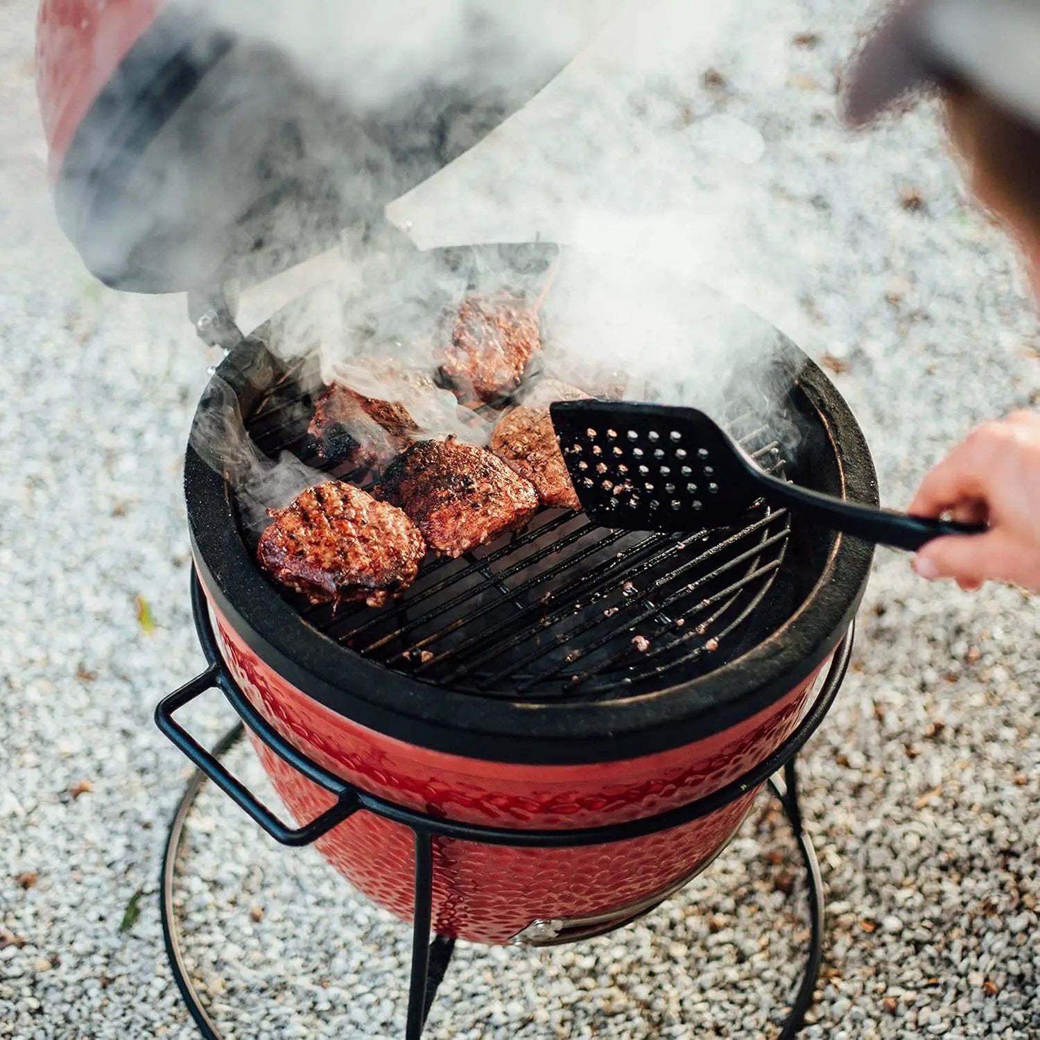 Kamado Joe KJ13RH Joe Jr. 13.5 inch Portable Charcoal Grill with Cast Iron Cart and Heat Deflectors, Blaze Red and Kamado Joe KJ15090620 Cast Iron Sear Plate by GreenHaven Gardens