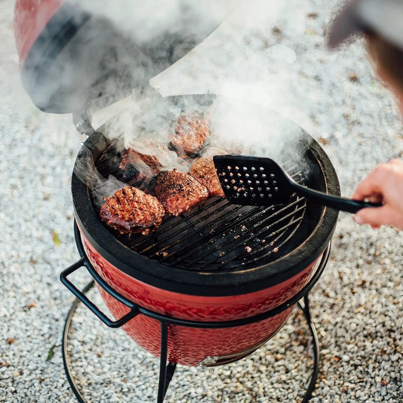 Kamado Joe KJ13RH Joe Jr. 13.5 inch Portable Charcoal Grill with Cast Iron Cart and Heat Deflectors, Blaze Red and Kamado Joe KJ15090620 Cast Iron Sear Plate by GreenHaven Gardens