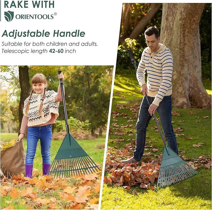 ORIENTOOLS Garden, Adjustable Lightweight Steel Poly Shrub Rake, Plastic Head, 22 Tines, 42 to 60 inches (Black Handle) by GreenHaven Gardens