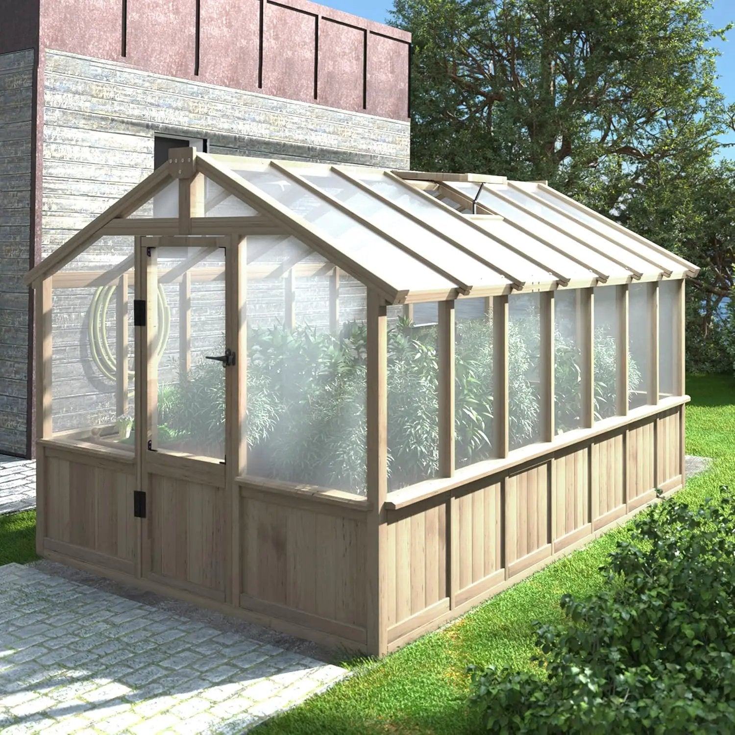 8x14 FT Outdoor Greenhouse Kit, Wooden Greenhouses for Outdoors Walk-in Green House with 6MM Thick Polycarbonate Panel & Adjustable Roof Vents, Backyard Garden, Light Mocha Brown by GreenHaven Gardens