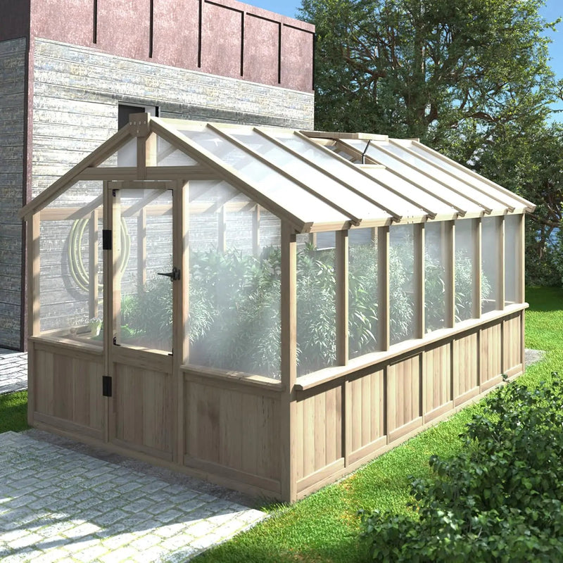 8x14 FT Outdoor Greenhouse Kit, Wooden Greenhouses for Outdoors Walk-in Green House with 6MM Thick Polycarbonate Panel & Adjustable Roof Vents, Backyard Garden, Light Mocha Brown by GreenHaven Gardens