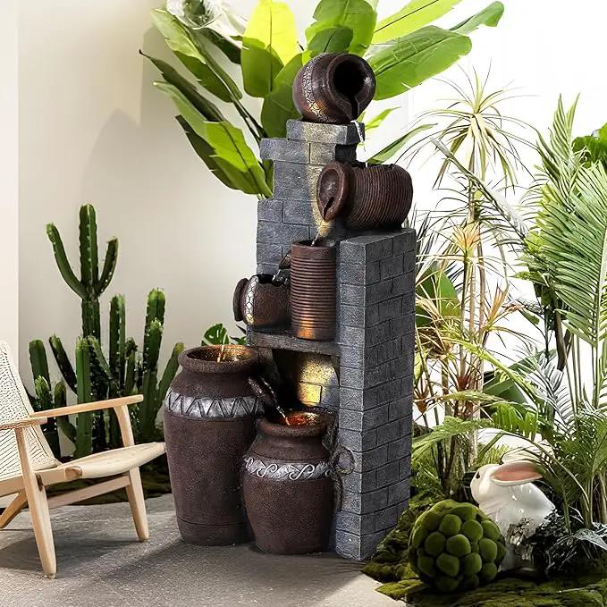 6-Tiers Garden Waterfall Fountain Outdoor - 40''H Water Fountains and Waterfalls, Large Outdoor/Indoor Floor Standing Resin Water Fountain with LED Light for Patio, Garden and Home (Grey) by GreenHaven Gardens