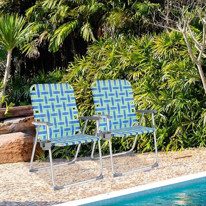 VINGLI Folding Aluminum Webbed Oversized Lawn Chairs with Detachable Cup Holder, 300LBS High Beach Chair for Adults Heavy Duty, Portable Patio Chair for Yard, Garden, 2 Pack,Blue/Green by GreenHaven Gardens