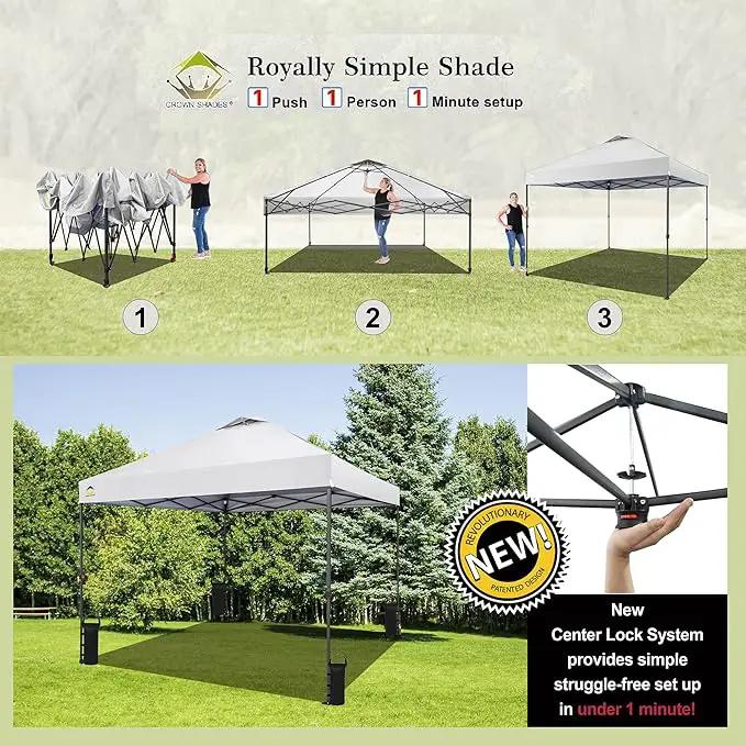 CROWN SHADES 10x10 Pop Up Canopy - Patented Center Lock One Push Instant Outdoor Canopy Beach Tent with STO-N-Go Bag 8 Stakes & 4 Sand Bags，White by GreenHaven Gardens