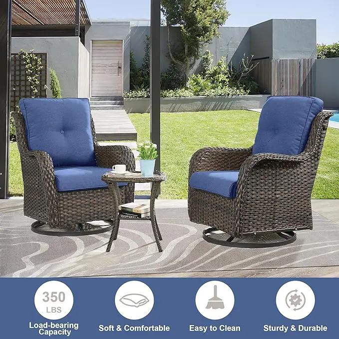 Outdoor Swivel Rcoker Patio Chair - 3 Pieces Wicker Swivel Glider Chairs with Side Table, Patio Furniture Set for Porch Deck Balcony Garden by GreenHaven Gardens