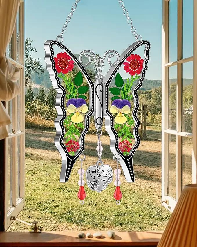 KY&BOSAM Butterfly Suncatcher God Bless My Mother-in-Law Gift Stain Glass Suncatchers for Window Hanging Wind Chime Home Ornament Mom Gift for Mother`s Day Valentine's Birthday Thanksgiving Christmas by GreenHaven Gardens