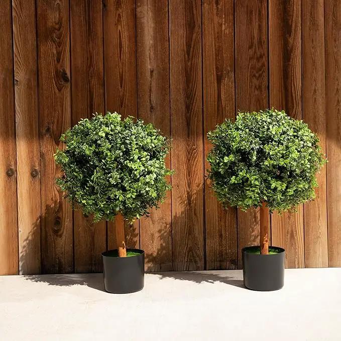 Premium 14" Diameter Artificial Boxwood Topiary – Set of 2 Faux Plants in Black Decorative Planters – UV-Resistant, Weatherproof, Realistic Outdoor & Indoor Greenery Accent by GreenHaven Gardens