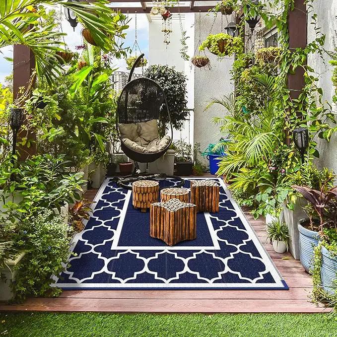 GENIMO 3' x 5' Outdoor Rug Waterproof for Patio Decor, Foldable Reversible Plastic Straw Area Rugs Mat for Camper, Outside Carpet for Rv, Deck, Porch, Picnic, Beach, Balcony, Blue & White by GreenHaven Gardens