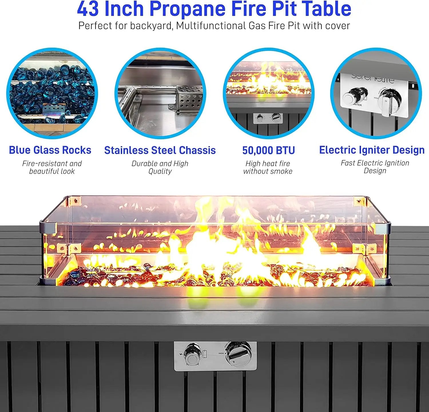 SereneLife 52 Inch Gas Fire Pit Table, 50,000 BTU Propane Pits for Outside with Steel Lid and Lava Rock, 2 in 1 Firepit Table Gatherings Parties on Patio Deck Garden Backyard