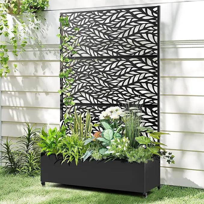 Raised Garden Bed with Trellis and Wheels,73"x47"x16" Metal Raised Garden Bed,Black Flowing Leaf Metal Planter with Climbing Trellis for Vines & Vegetables by GreenHaven Gardens
