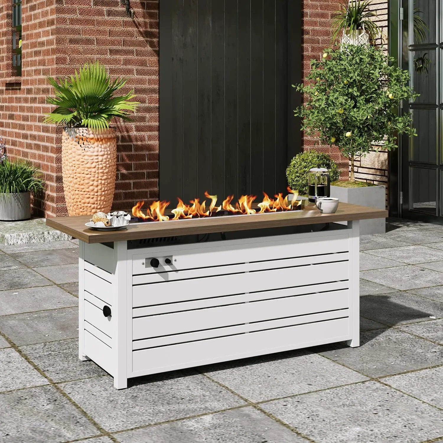 56 Inch Gas Fire Pit Table, 50,000 BTU Propane Pits for Outside with Removable Lid and Glass Fire Rocks, 2 in 1 Firepit Table Gatherings Parties on Patio Deck Garden Backyard, White by GreenHaven Gardens