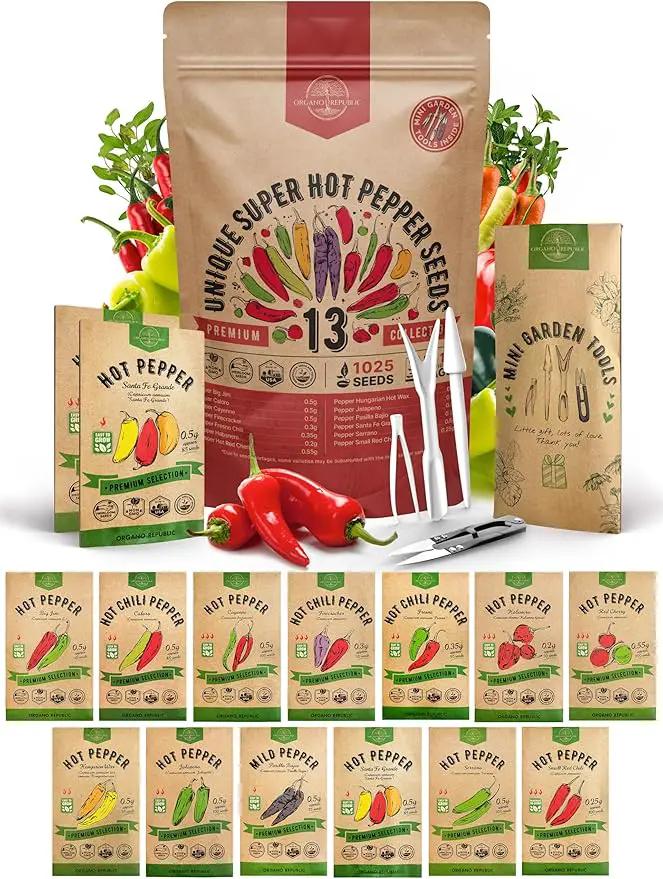 Organo Republic 13 Unique Super Hot Pepper Seeds Variety Pack - 1,020+ Non-GMO Heirloom Pepper Seeds for Outdoor and Indoor Home Gardening, Including Pepper Caloro, Firecracker, Habanero, Fresno Chili by GreenHaven Gardens
