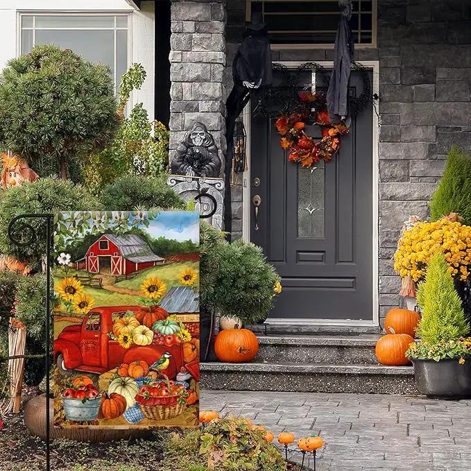 Morigins Autumn Harvest Farm Truck Fall Pumpkin Garden Decorations Double Sided FarmHouse Outdoor Garden Flag 12.5 x 18 Inch by GreenHaven Gardens