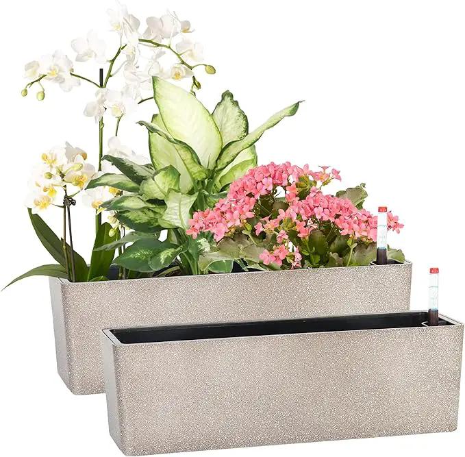 GardenBasix Elongated Self Watering Planter Pots 2-Pack Window Box 5.5 x 16 inch Indoor Home Garden Modern Decorative Pot for All House Plants Flowers Herbs (Coffee,2) by GreenHaven Gardens