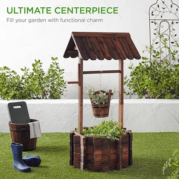 Best Choice Products Rustic Wooden Wishing Well Planter Outdoor Home Décor for Patio, Garden, Yard w/Hanging Bucket by GreenHaven Gardens