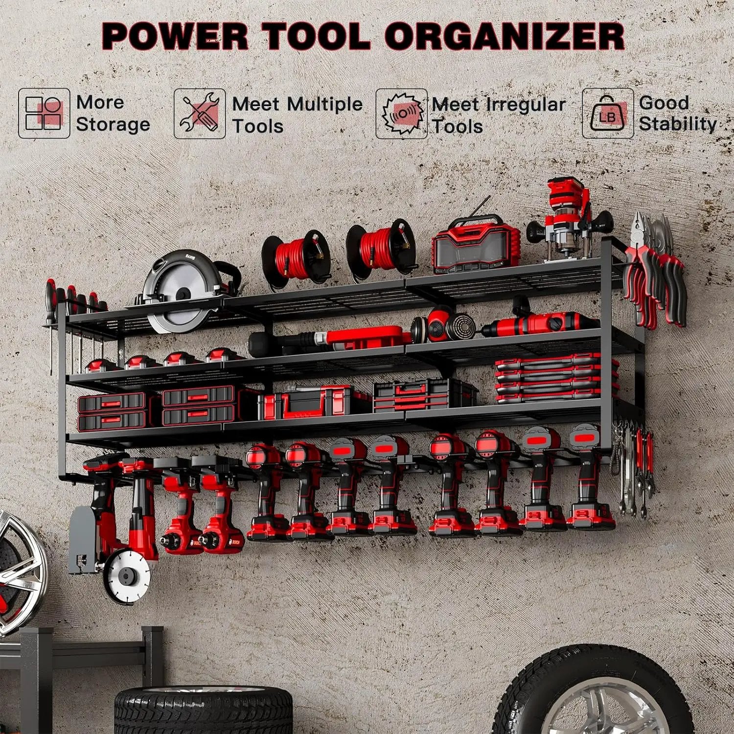 48" Large Power Tools Organizer Wall Mount,12 Drill Holder for Garage, Workshop Heavy Duty Storage Rack by GreenHaven Gardens
