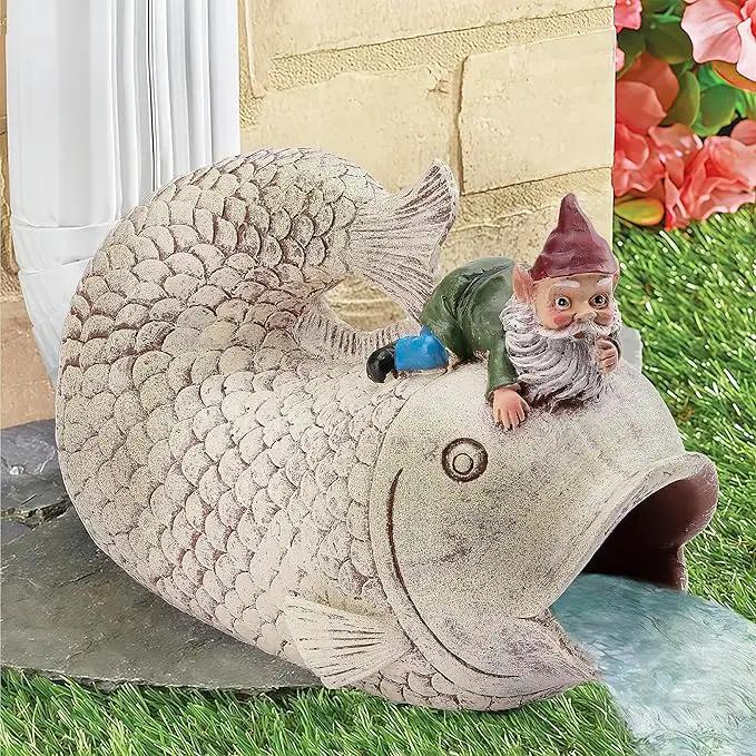 Gnome Fish Sculpture, Garden Animal Statue & Outdoor Decor, Eco-Friendly Resin Gutter Diverter Rain, Decorative Gutter Extension Downspout, Splash Block, Perfect for 3"x4" Downspouts by GreenHaven Gardens