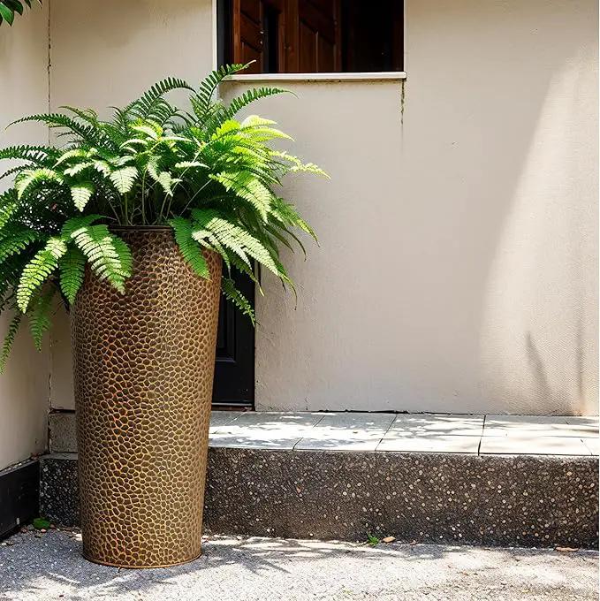 KOL 28" H. Tall Metal Cone Planters with Inner Pots 2-Pack, Bronze Hand-Hammered Large Decor Planter for Deck, Patio, Porch - Handcrafted Flower Pot - with Water Level Indicator - Indoor Outdoor Use