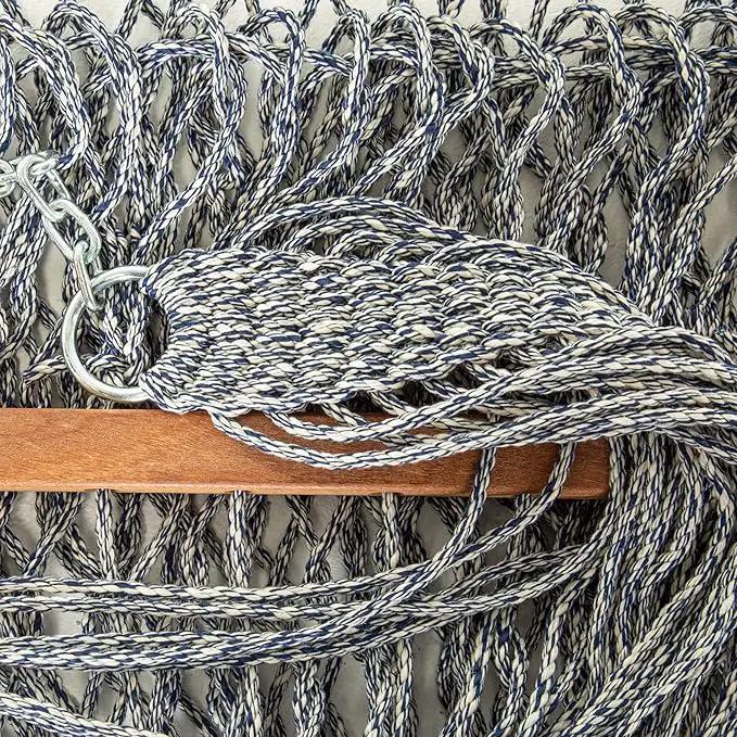 Hatteras Hammocks Deluxe Navy Oatmeal Heirloom Tweed Duracord Rope Hammock with Free Extension Chains & Tree Hooks, Handcrafted in The USA, 450 LB Weight Capacity, 13 ft. x 60 in by GreenHaven Gardens