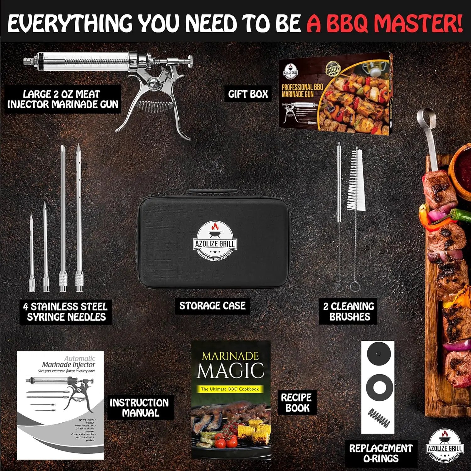 Meat Injector Gun Kit for Smoking & Grilling - Stainless Steel BBQ Meat Turkey Injector with Case, Instruction Book - Professional Brisket Flavor Injector Syringe - Marinade Meat Injector by GreenHaven Gardens