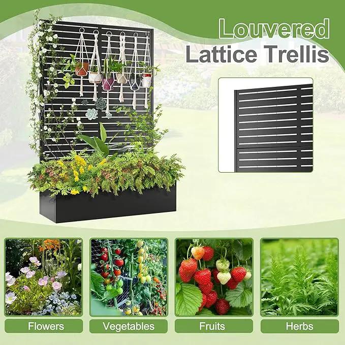 Trellis for Climbing Plants Outdoor，Mental Garden Bed with Drainage Holes Outdoor Privacy Screen Design Tall planters for herb Flower Vegetables 73"x47"x16", Black-Louvered by GreenHaven Gardens