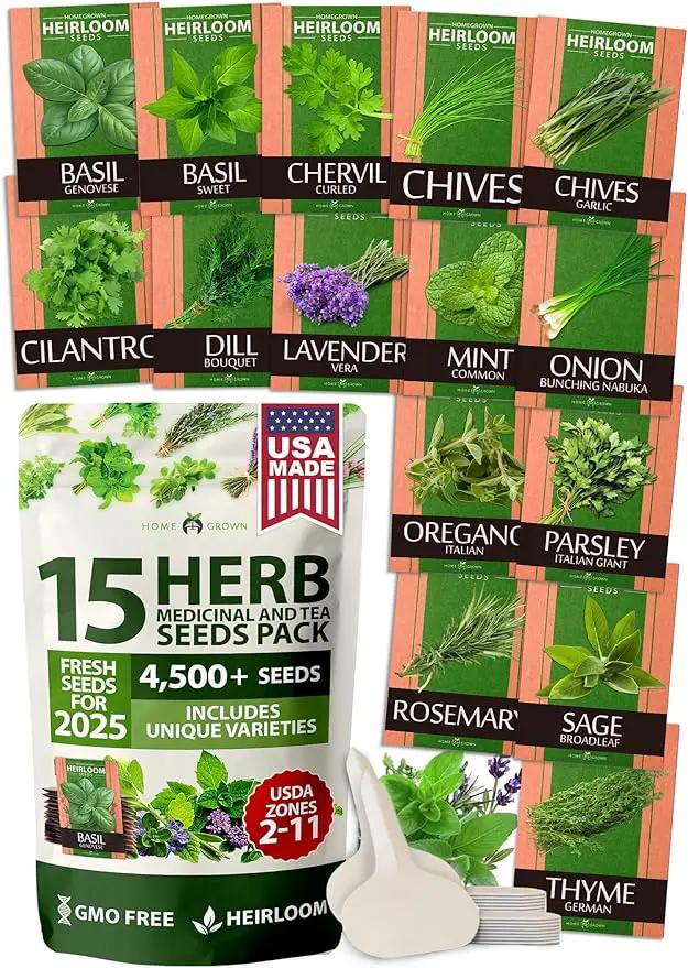 HOME GROWN 15 Herb Seeds for Planting 4,500+ Non-GMO Heirloom Seeds | Extra Large Variety Pack Herb Kit – Indoor Outdoor & Hydroponic | Culinary Seed Set | Grow Your Own Herbs | Gardening Gift by GreenHaven Gardens