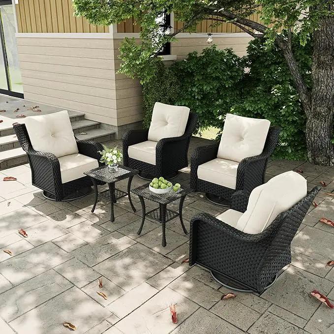 6 Pieces Outdoor Patio Furniture Sets with Rocking Swivel Chairs with 6-inch Thick Cushion and Side Table for Deck Lawn by GreenHaven Gardens