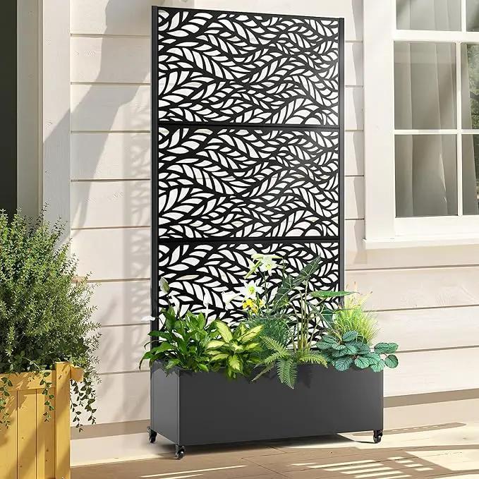 Raised Garden Bed with Trellis and Wheels,73"x35"x16" Metal Raised Garden Bed,Black Flowing Leaf Metal Planter with Climbing Trellis for Vines & Vegetables by GreenHaven Gardens