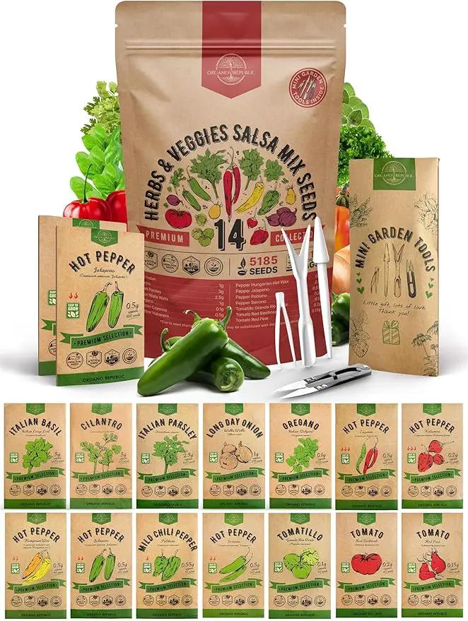Organo Republic 14 Herbs & Veggies Salsa Mix Seeds Variety Pack - 5,180+ Non GMO Heirloom Herb, Tomato & Chili Pepper Seeds for Planting Outdoor & Indoor Home Gardening: Basil, Cilantro Onion, Peppers by GreenHaven Gardens