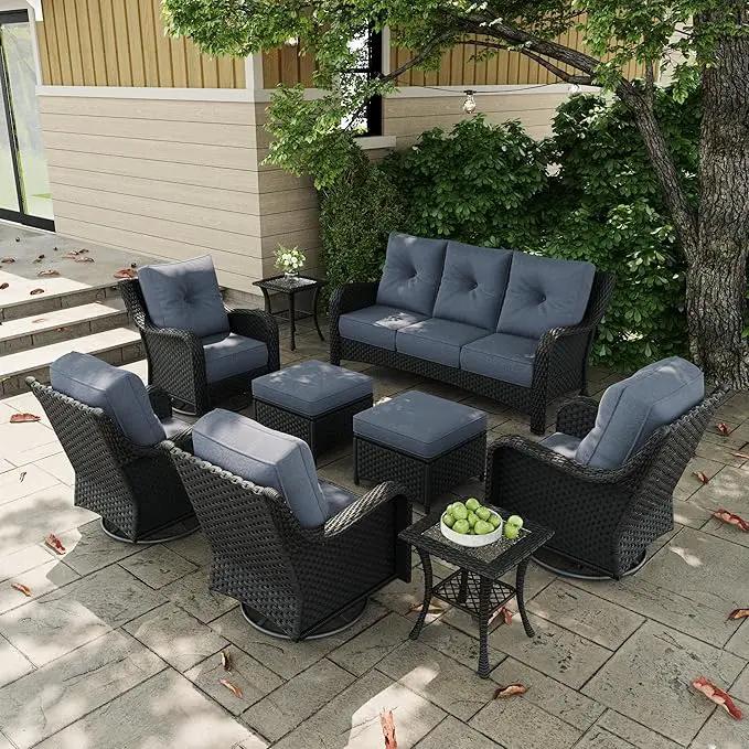 9 Pieces Outdoor Patio Furniture Sets with Rocking Swivel Chairs with 6-inch Thick Cushion and Side Table for Deck Lawn by GreenHaven Gardens