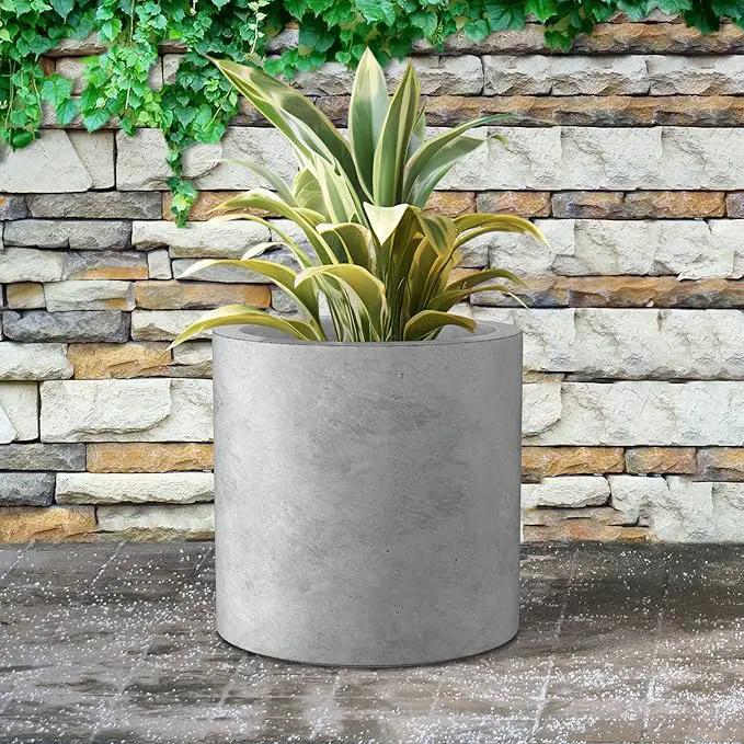 Kante 15.7" Dia Round Concrete Planter, Modern Style Large Cylindrical Plant Pot with Drainage Hole and Rubber Plug for Indoor Outdoor Patio, Natural Concrete by GreenHaven Gardens