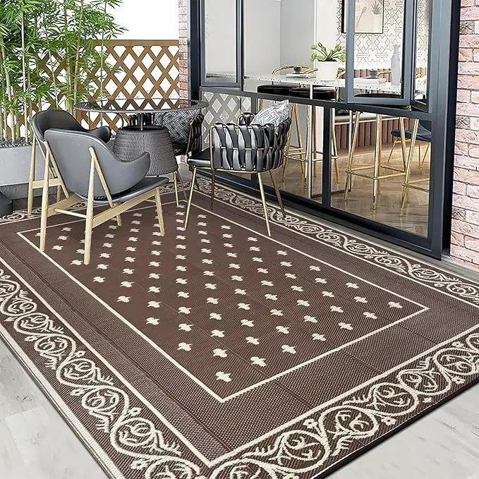 Pauwer Waterproof Outdoor Rug 8x10, Reversible Plastic Straw Patio Camping Rug, Indoor Outdoor RV Mat Carpet for Deck, Camper, Porch, Balcony, Backyard, Picnic, Bordered Brown by GreenHaven Gardens