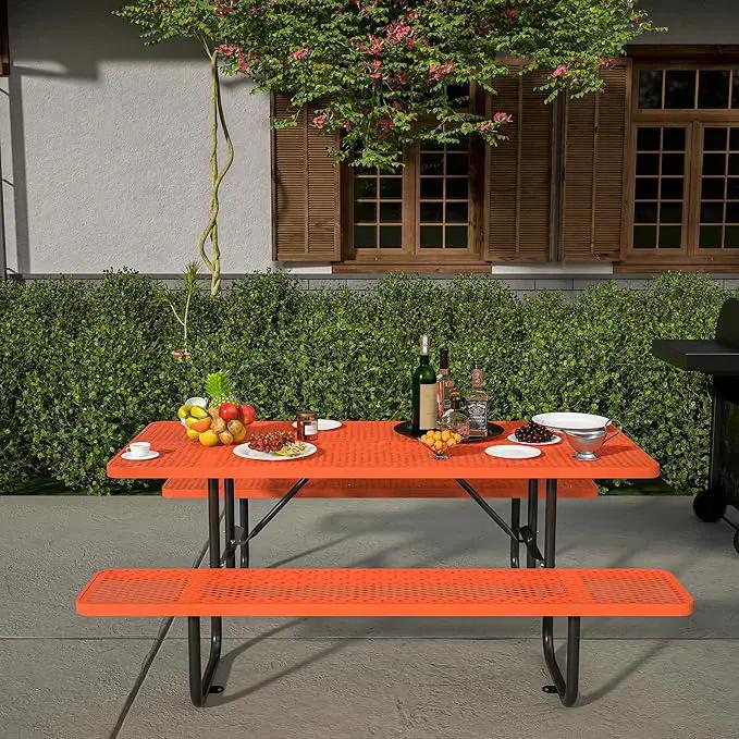 72'' Steel Rectangular Picnic Table for Outdoors, Expanded, Lifetime Picnic Table with Umbrella Hole, Heavy Duty Sturdy Commercial Picnic Tables for Garden Courtyard BBQ, Orange by GreenHaven Gardens