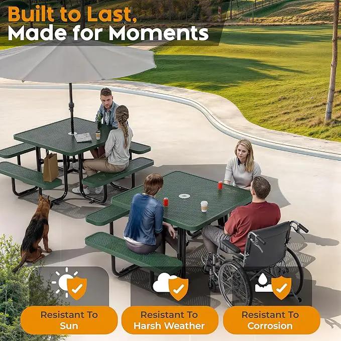 Metal Picnic Tables for Outdoors with Umbrella Hole - Coated Steel Heavy Duty Commercial Grade Table with Adjustable Seats (Green, 46 in, Square, Punched Steel) by GreenHaven Gardens